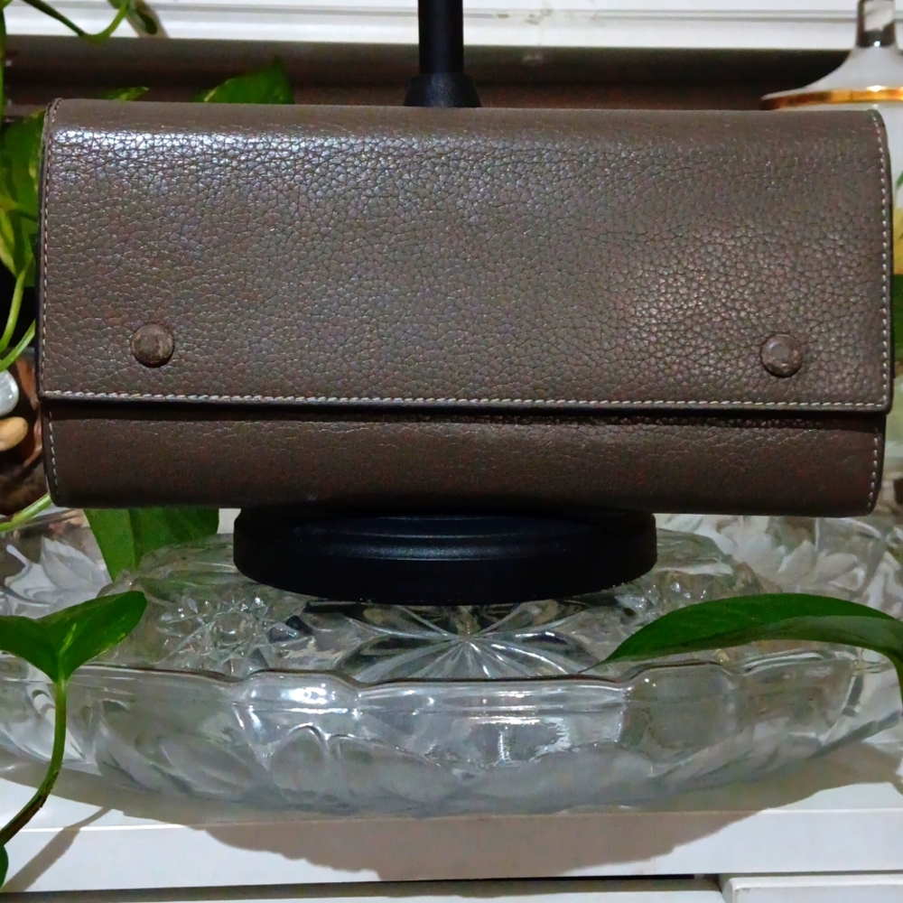 Celine Grained Calfskin Leather Organizing Dbl Size Long Wallet Gray/Yellow EUC